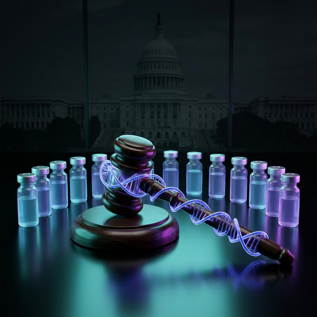 FDA Peptide Reclassification 2026 — gavel with DNA helices and peptide vials representing regulatory change for patients and providers